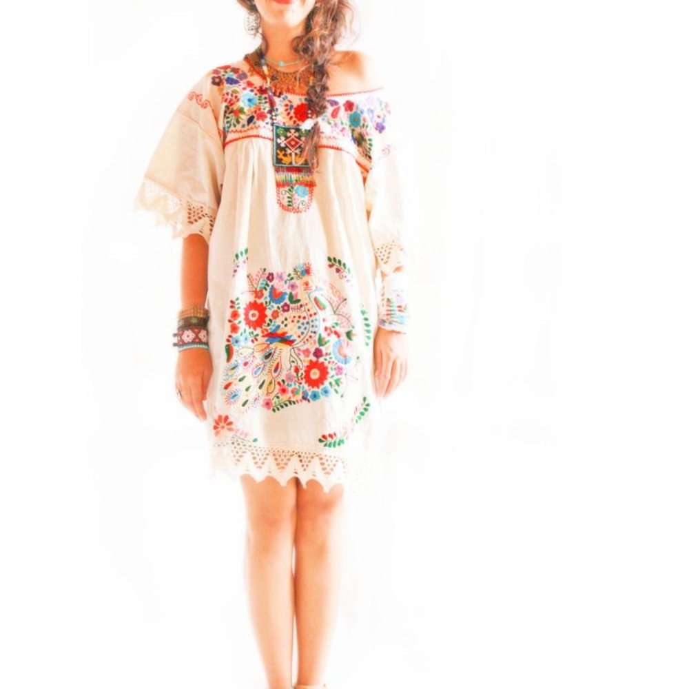 Mexican Embroidered Dress Boho Hippie Indie Chic